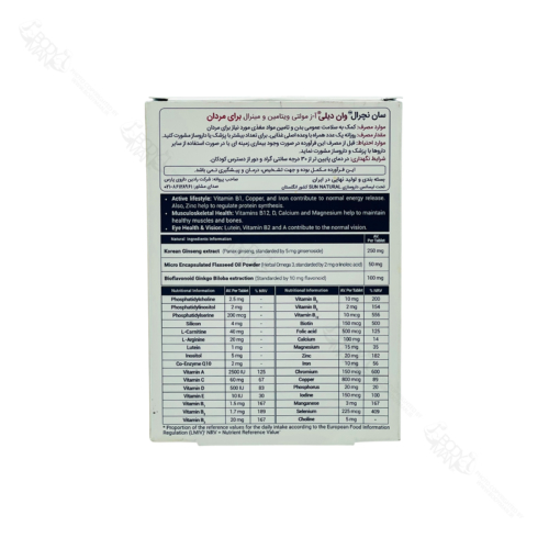 جدول فرمولاسیون و ترکیبات مولتی ویتامین مینرال وان دیلی آقایان سان نچرال