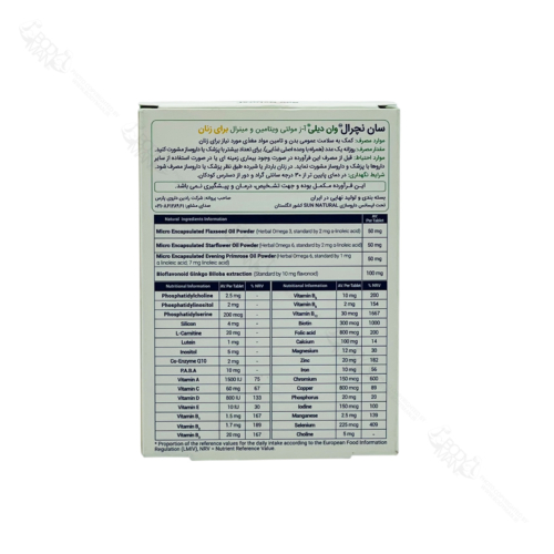 جدول فرمولاسیون و ترکیبات مولتی ویتامین وان دیلی بانوان سان نچرال